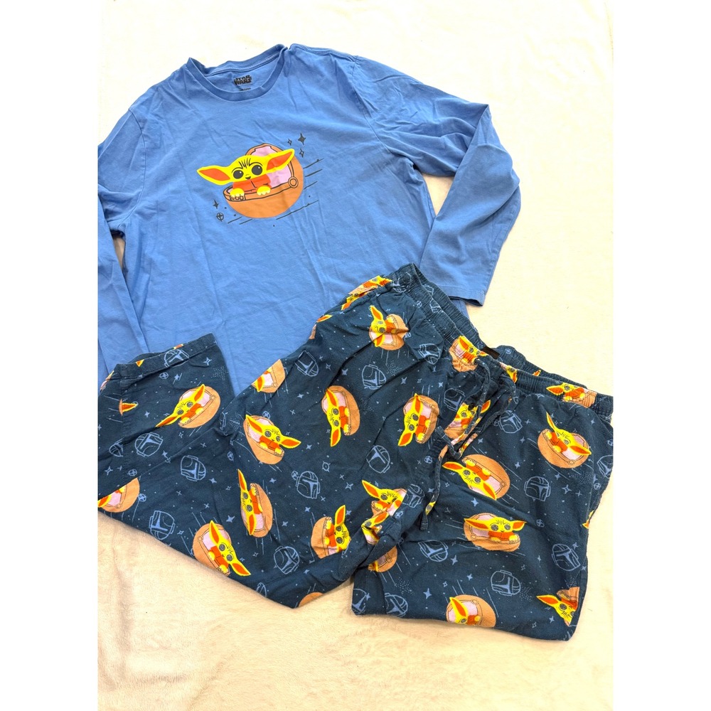 Star Wars Amazon Essentials Men XL Grogu Baby Yoda Pajama Set Blue Flannel